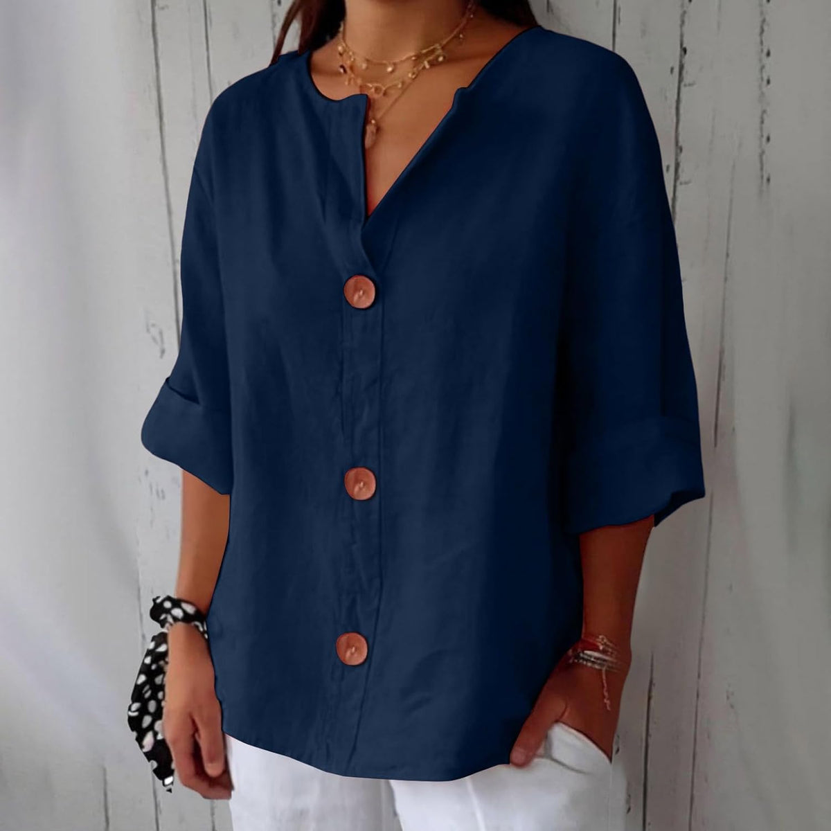 Laetitia - Women's Relaxed Blouse with Button Front and V-Neck - photo 8