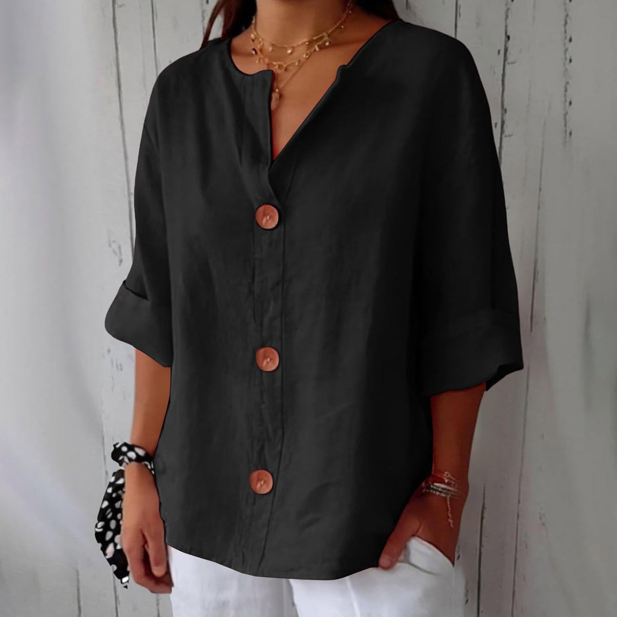 Laetitia - Women's Relaxed Blouse with Button Front and V-Neck - photo 9