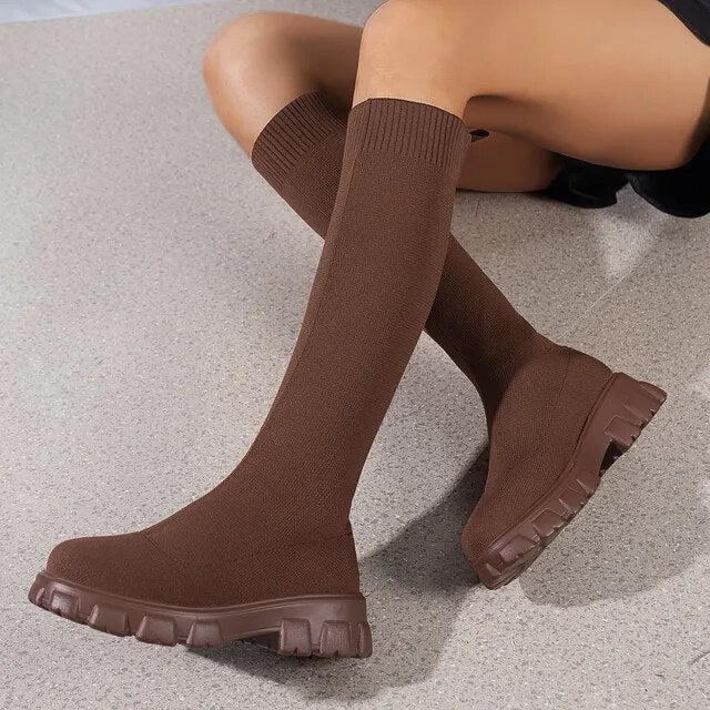 Lambert - Women's Knee-High Boots with a Sock Fit and Treaded Sole in Coffee