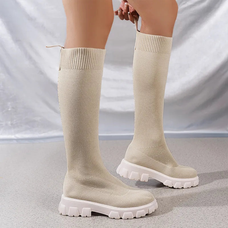 Lambert - Women's Knee-High Boots with a Sock Fit and Treaded Sole in Cream