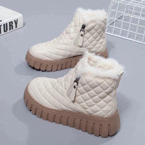 Lavender - Women's Ankle Boots with a Quilted Finish and Faux Fur Trim in Beige