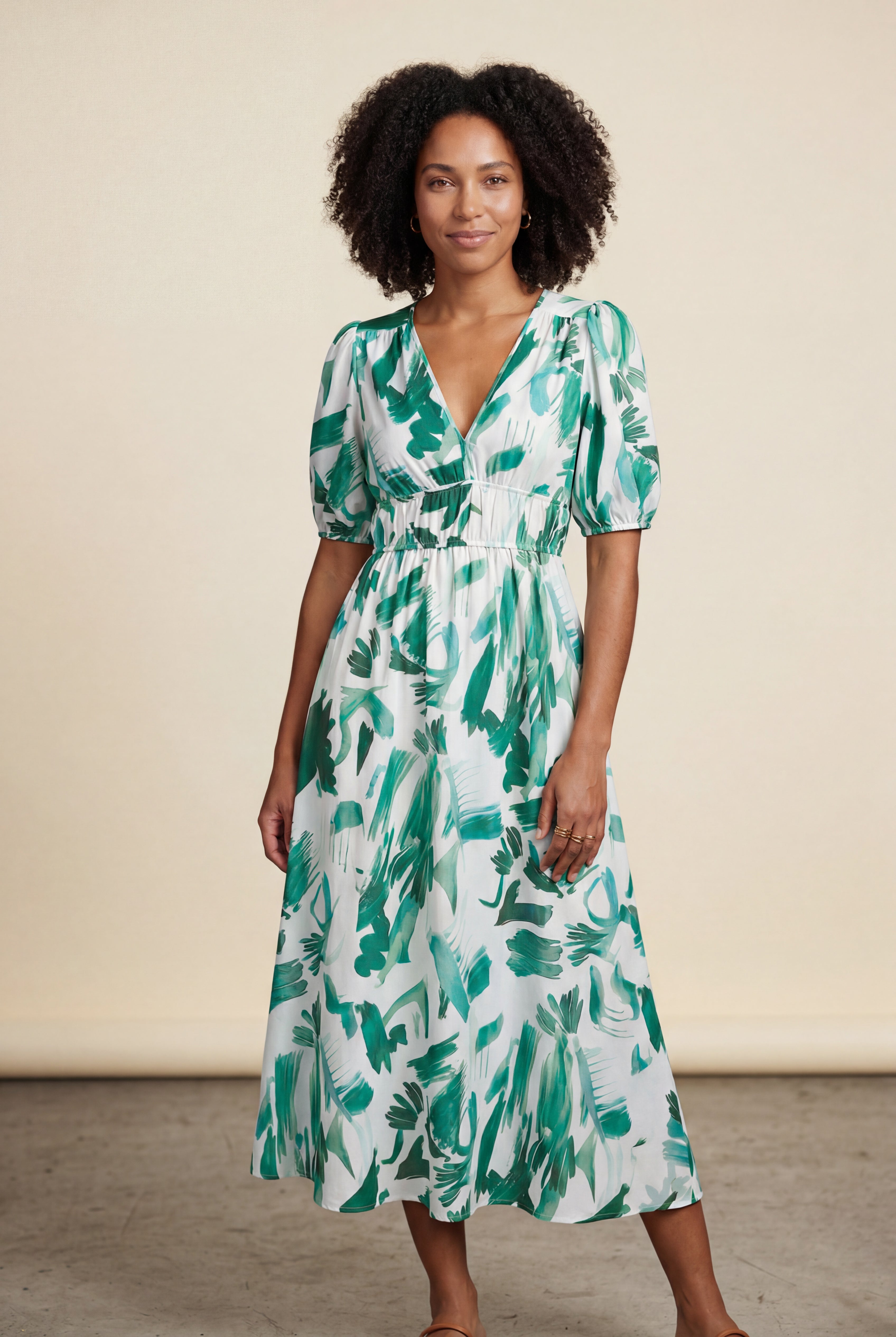 Elcevi - Women's Puff Sleeve V Neck Elastic Waist Midi Dress - photo 2