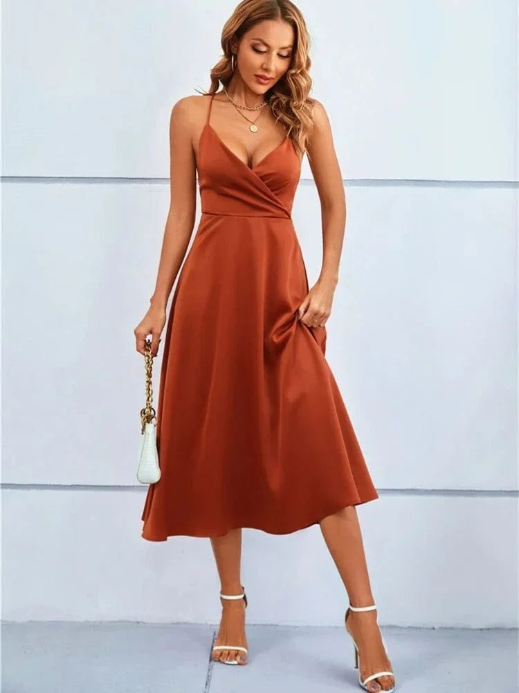 Lilias - Women's Satin Midi Dress with V-Neck - photo 1
