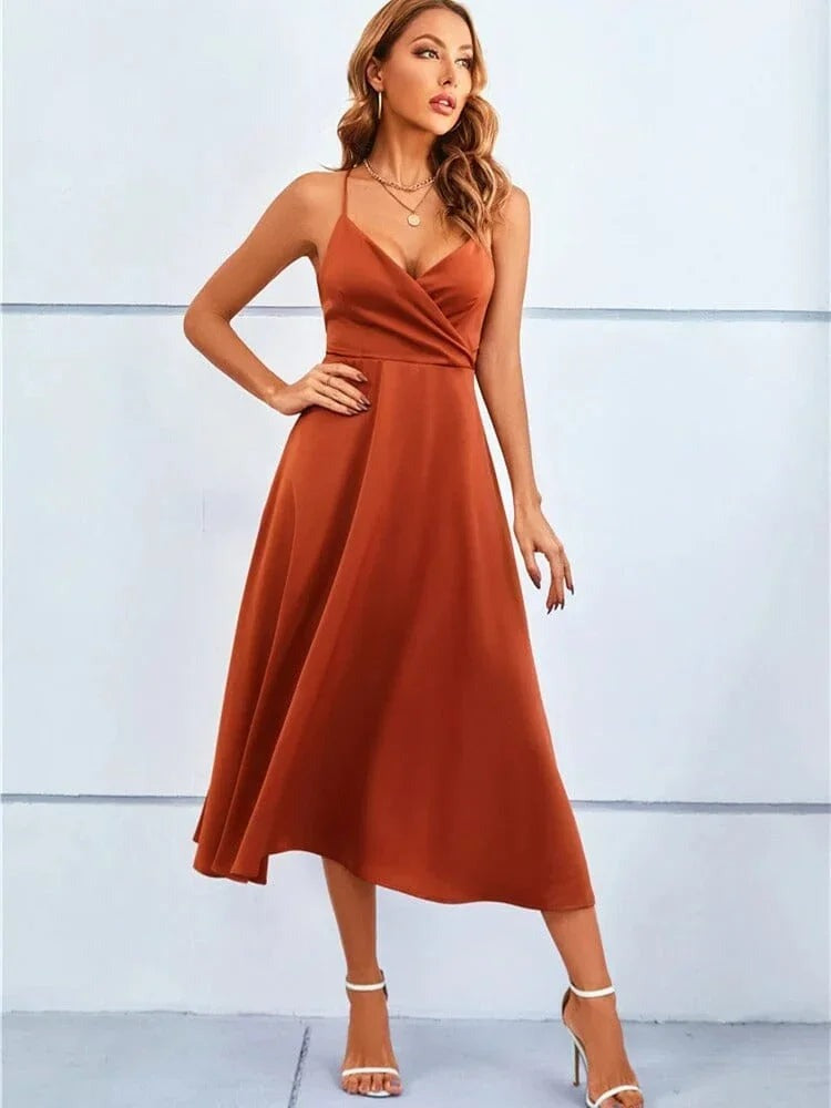 Lilias - Women's Satin Midi Dress with V-Neck - photo 3