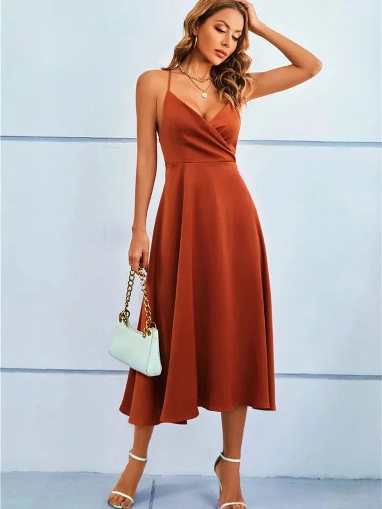 Lilias - Women's Satin Midi Dress with V-Neck - photo 4