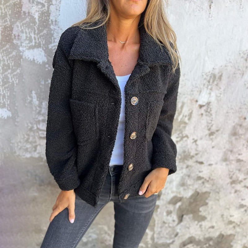 Linnea - Women's Sherpa Shacket with Button Front and Chest Pockets - Black