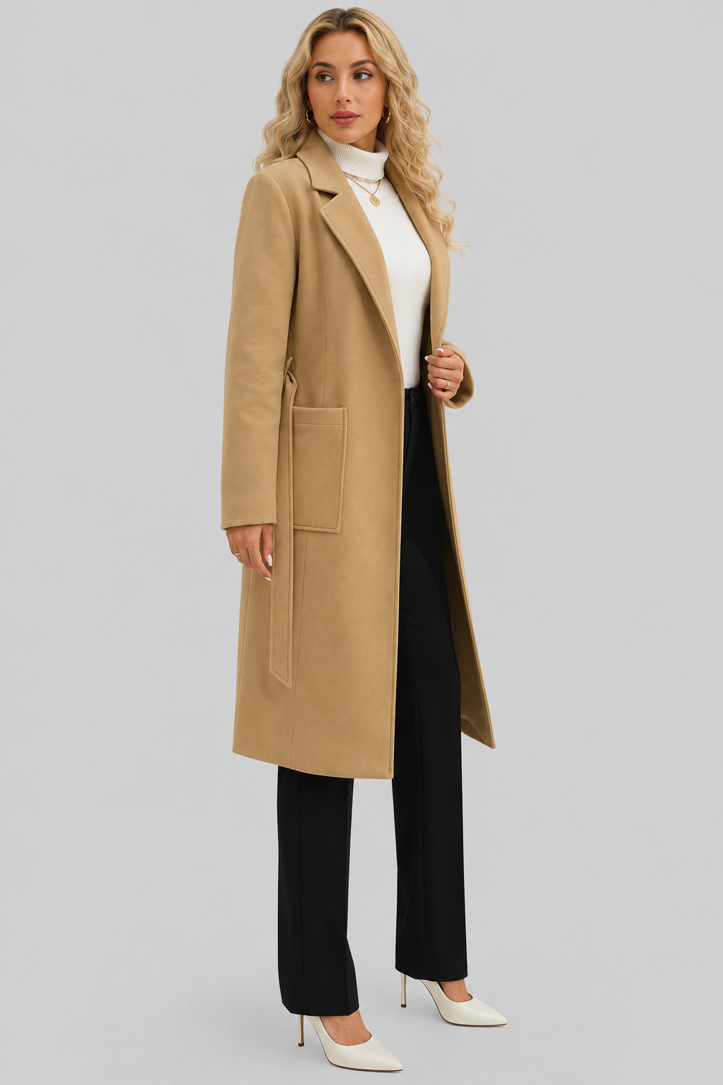 Lola - Women's Long Wool-Look Coat with Tie Belt – view 3