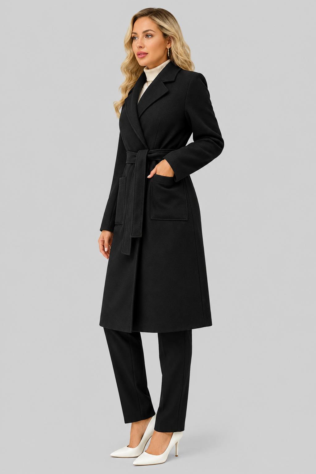 Lola - Women's Long Wool-Look Coat with Tie Belt – view 8