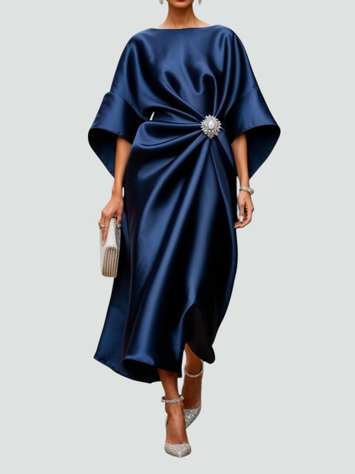 Alberta - Women's Draped Midi Dress with Short Sleeves