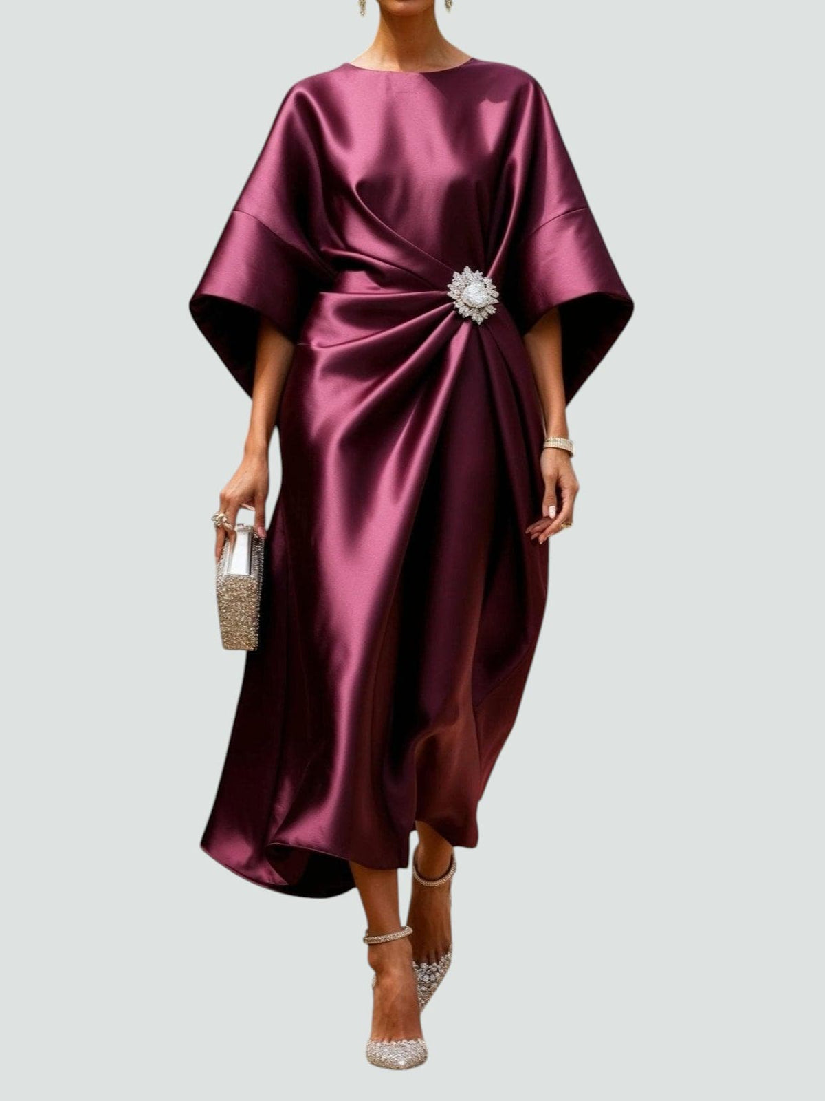 Alberta - Women's Draped Midi Dress with Short Sleeves