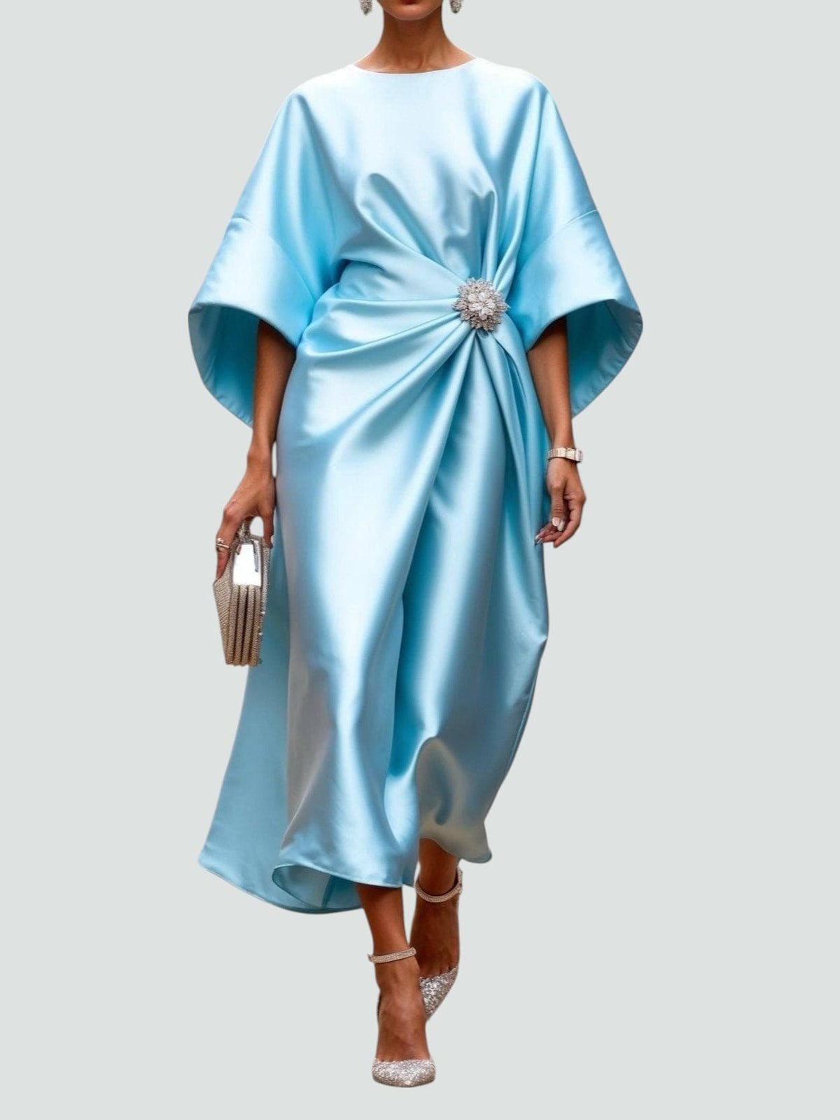 Alberta - Women's Draped Midi Dress with Short Sleeves