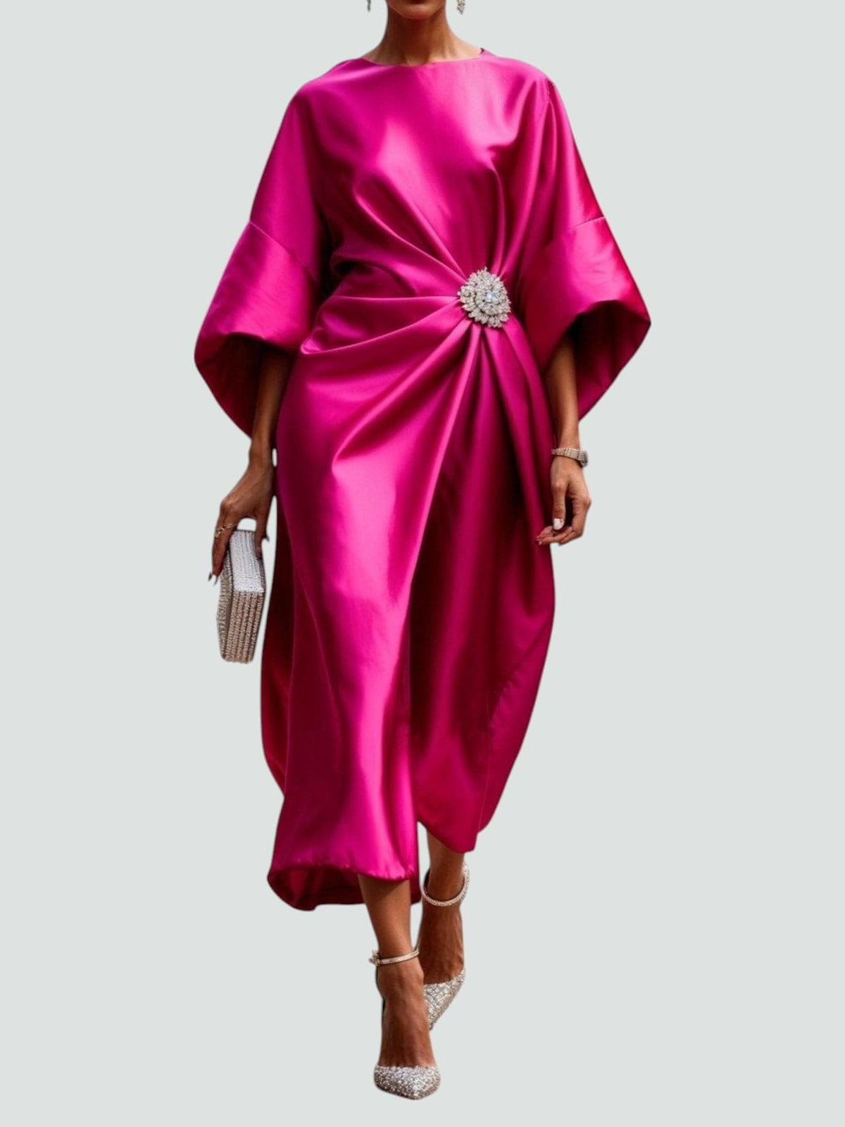 Alberta - Women's Draped Midi Dress with Short Sleeves