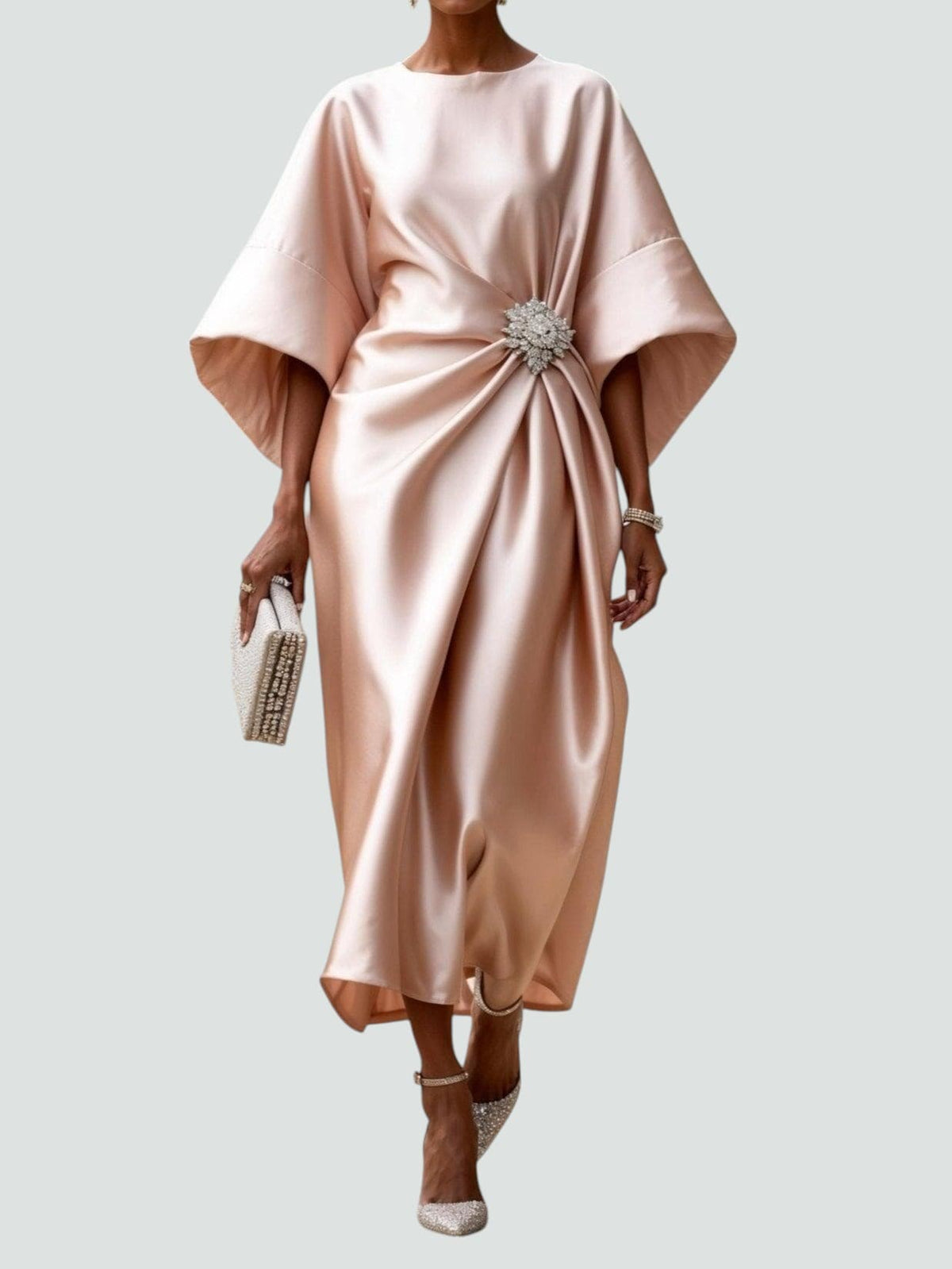 Alberta - Women's Draped Midi Dress with Short Sleeves