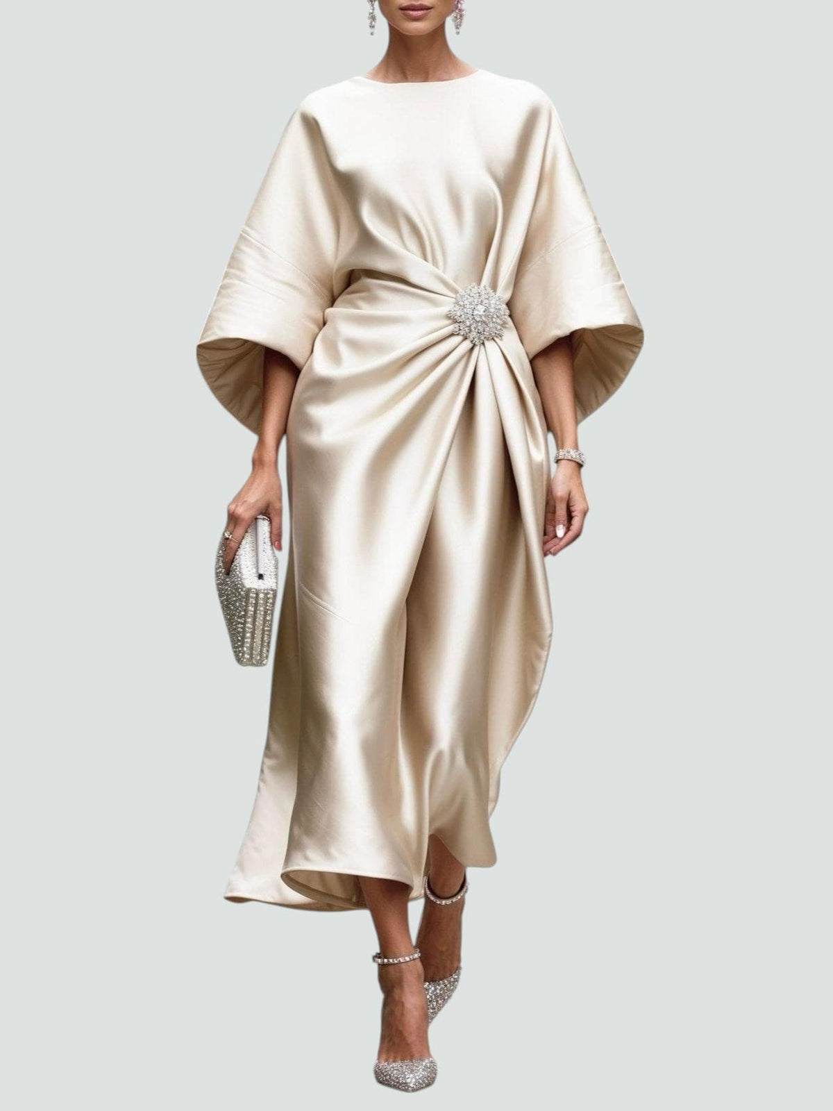 Alberta - Women's Draped Midi Dress with Short Sleeves