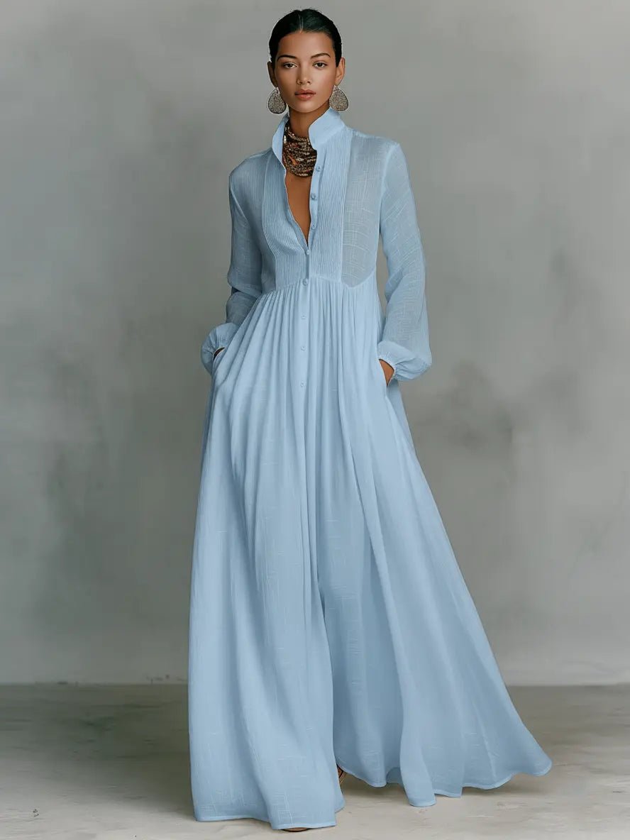 Francesca - Women's Flowing Maxi Dress with a Shirt Collar