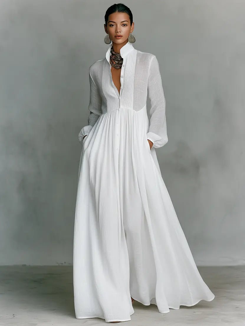 Francesca - Women's Flowing Maxi Dress with a Shirt Collar