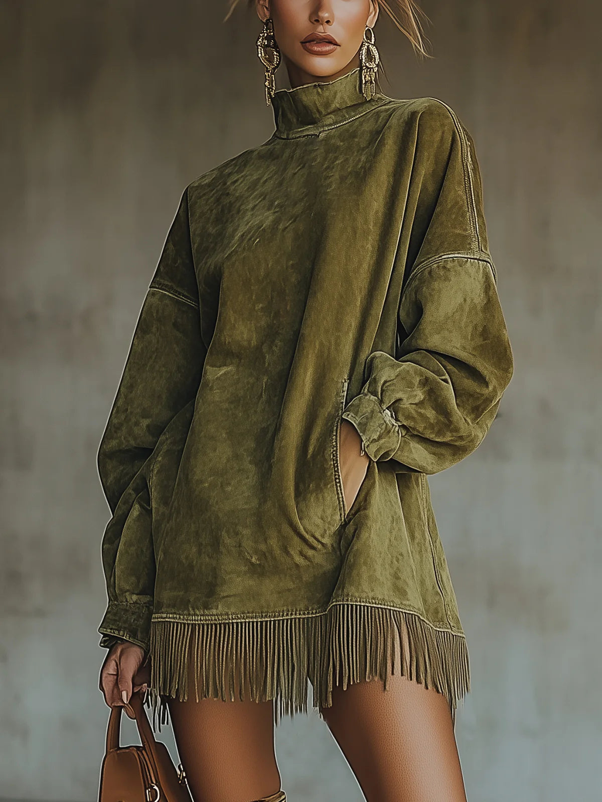 Magdalen - Women's Flowing Midi Dress with Fringing and Roll Neck - photo 1