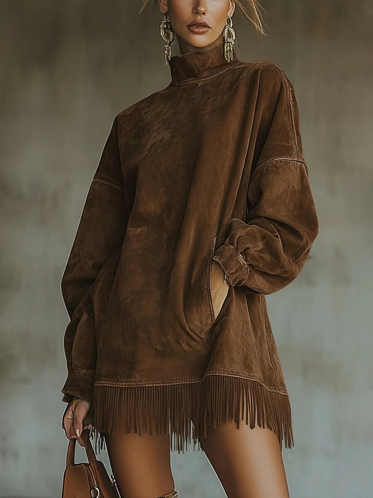 Magdalen - Women's Flowing Midi Dress with Fringing and Roll Neck - photo 2