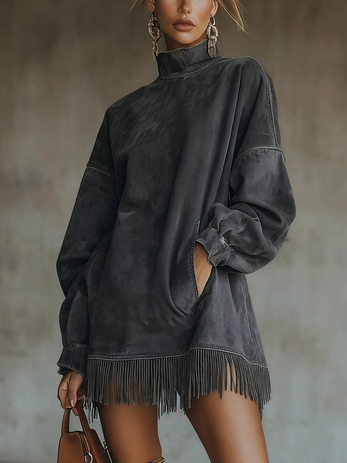 Magdalen - Women's Flowing Midi Dress with Fringing and Roll Neck - photo 3