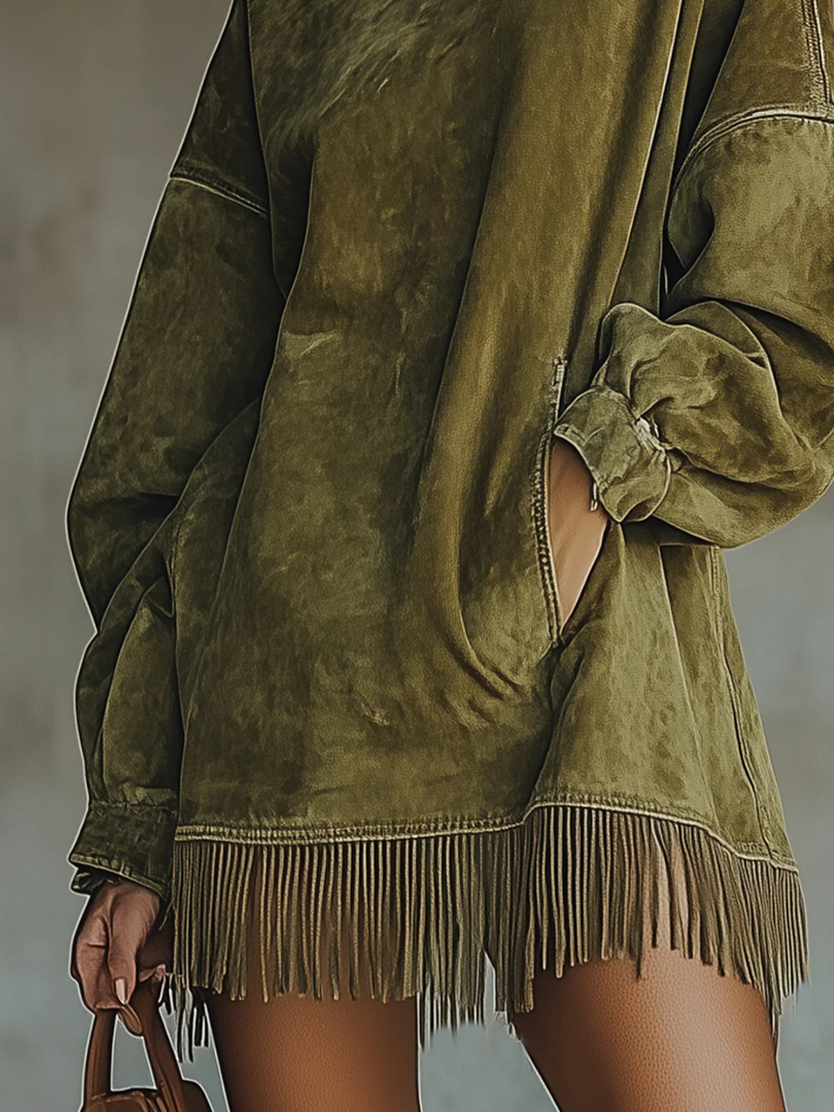 Magdalen - Women's Flowing Midi Dress with Fringing and Roll Neck - photo 5