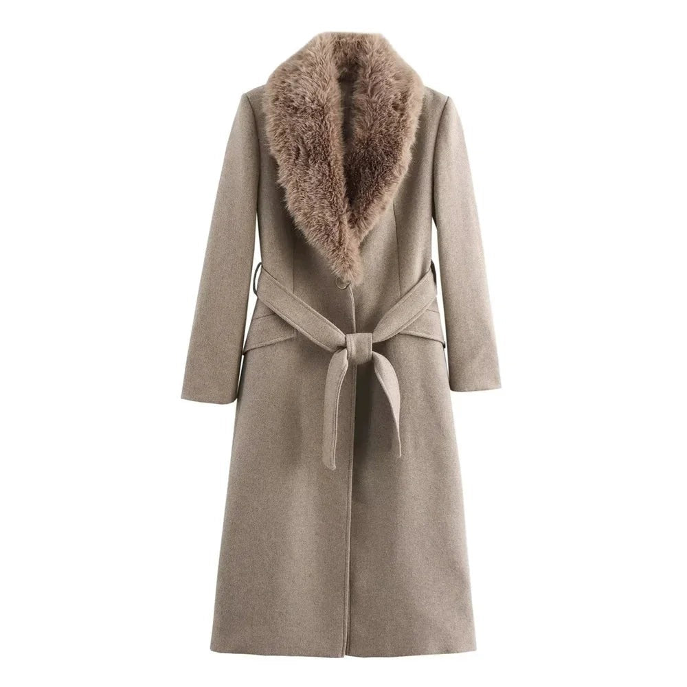 Yara - Women's coat with faux fur collar and belt - photo 1