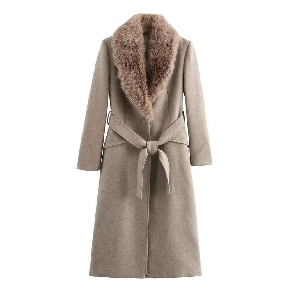 Yara - Women's coat with faux fur collar and belt - photo 1