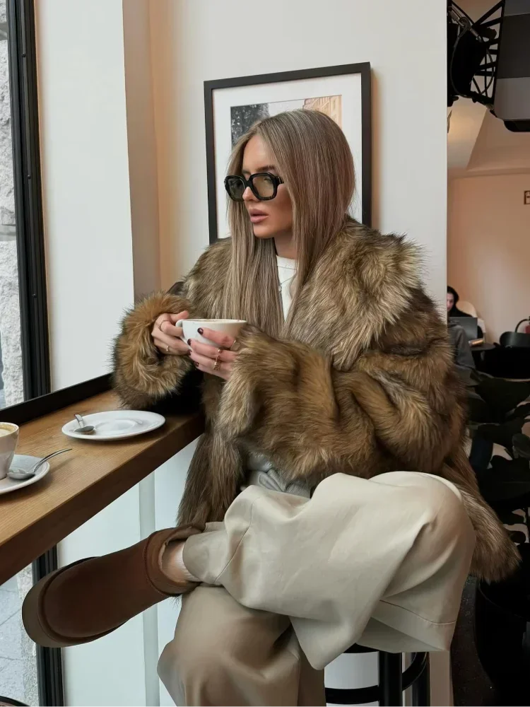 Gloria - Cappotto in pelliccia sintetica marrone da donna con maniche lunghe