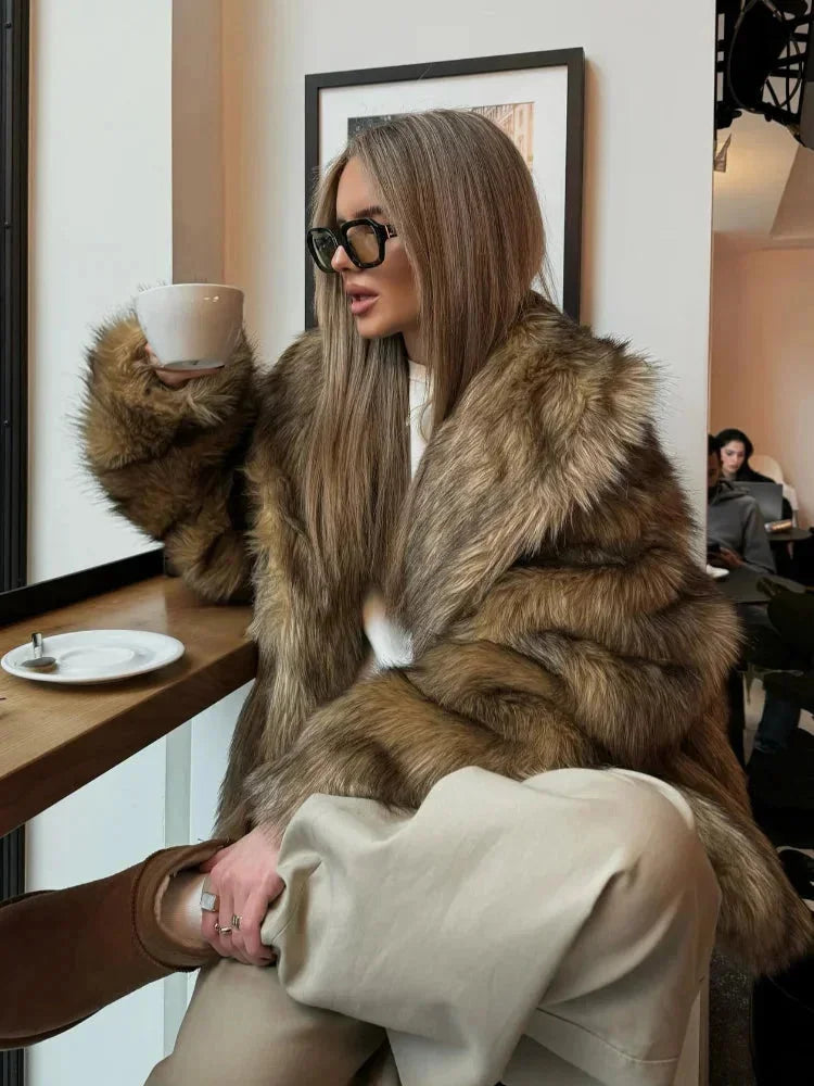 Gloria - Women's brown faux fur coat with long sleeves - photo 1