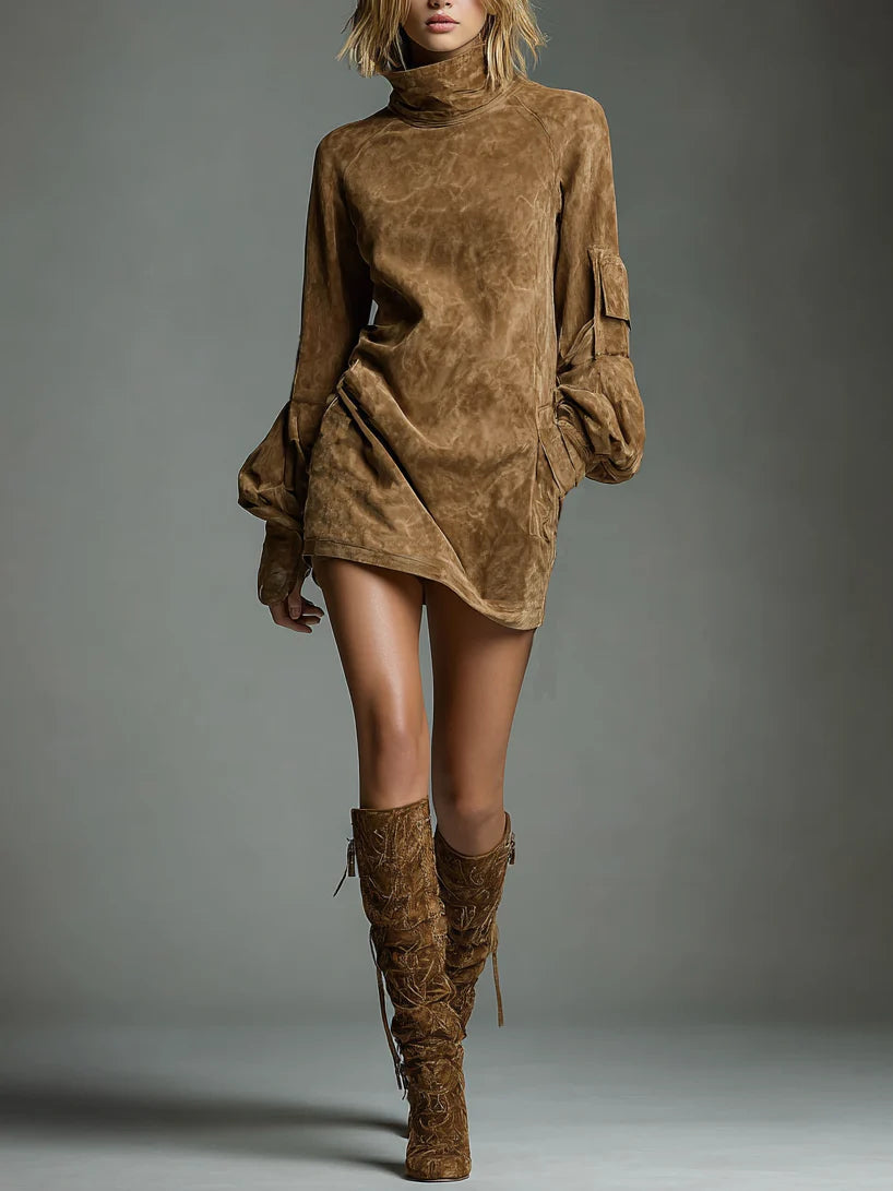 Marigold - Women's Mini Dress with Roll Neck and Puff Sleeves - photo 1