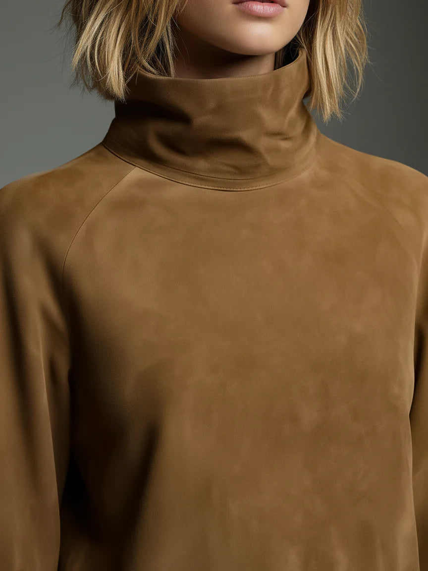 Marigold - Women's Mini Dress with Roll Neck and Puff Sleeves - photo 2
