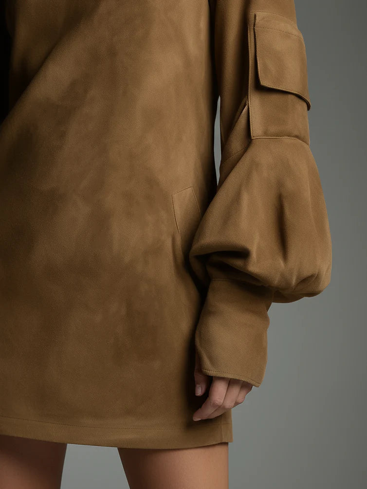 Marigold - Women's Mini Dress with Roll Neck and Puff Sleeves - photo 3