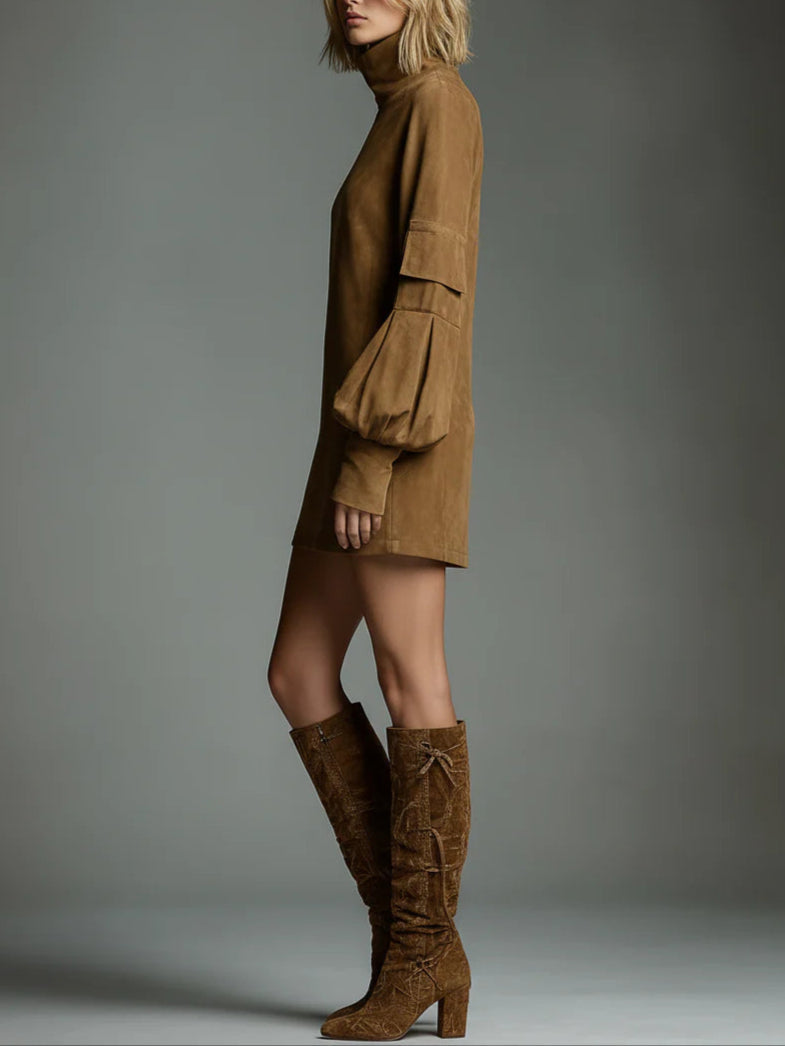 Marigold - Women's Mini Dress with Roll Neck and Puff Sleeves - photo 4
