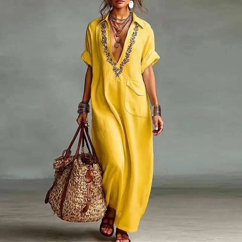 Frankie - Women's Printed Maxi Dress with a Deep Neckline