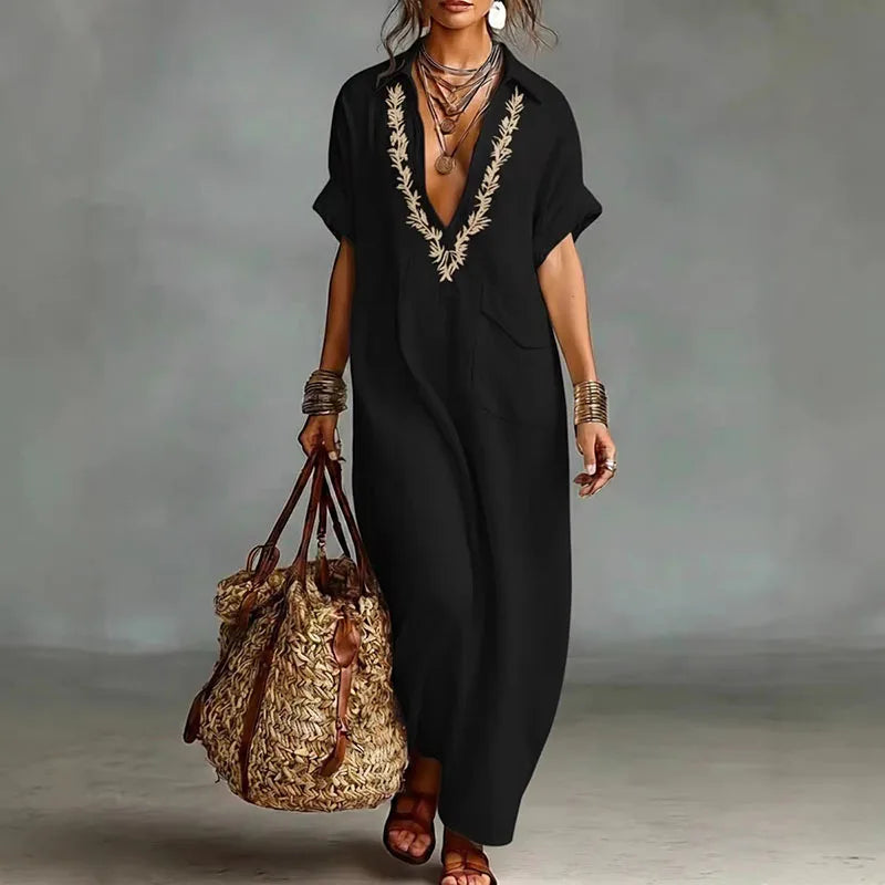 Frankie - Women's Printed Maxi Dress with a Deep Neckline
