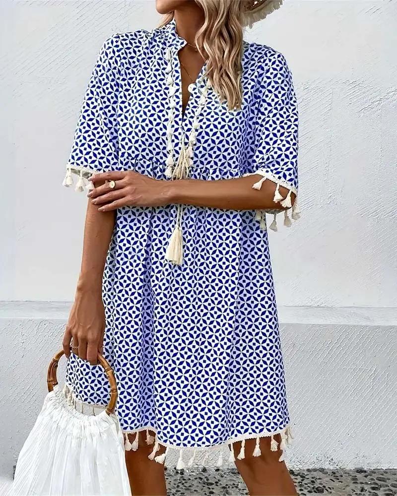 Marisol - Women's Geometric Print Tassel Mini Dress with Short Sleeves