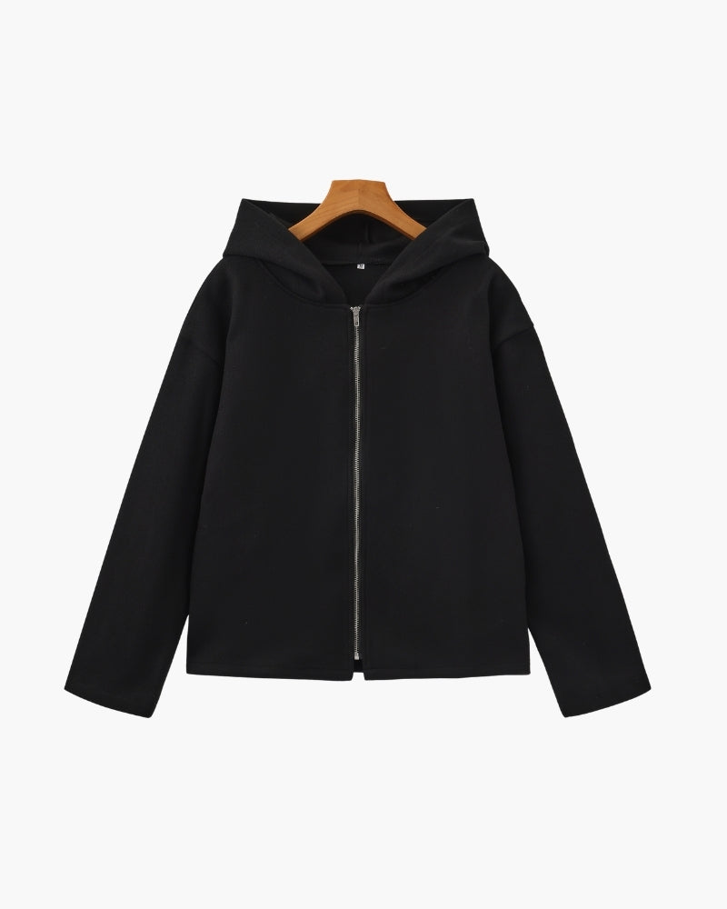 Women's Hooded Wool Zip Coat - Black