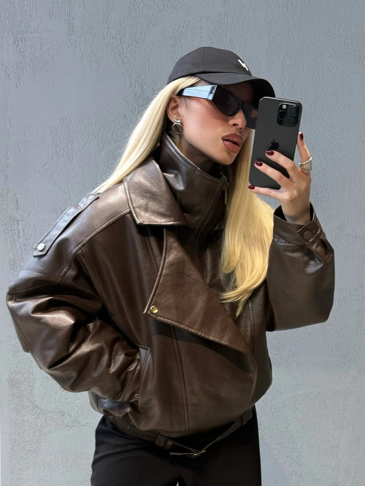 Mathilde - Women's Biker Jacket with Zip Front and Tie Belt - photo 2