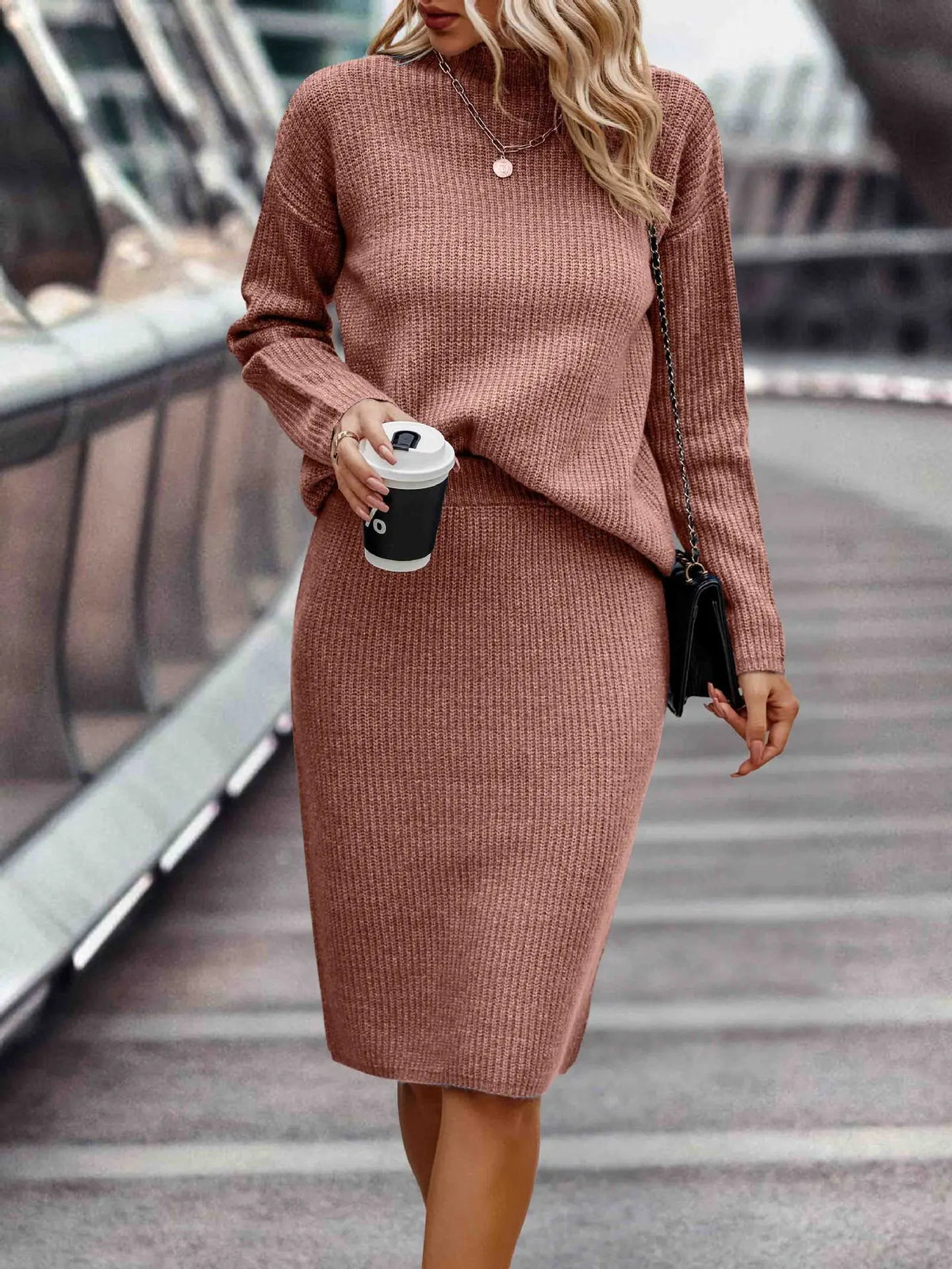 Merry - Women's Knitted Set with Stand Collar and Midi Skirt - photo 3