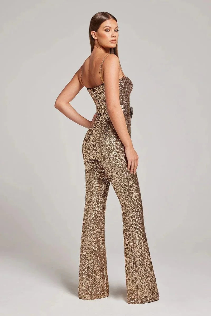 Women's Sparkling Glitter Jumpsuit with Stylish Waist Belt - photo 7