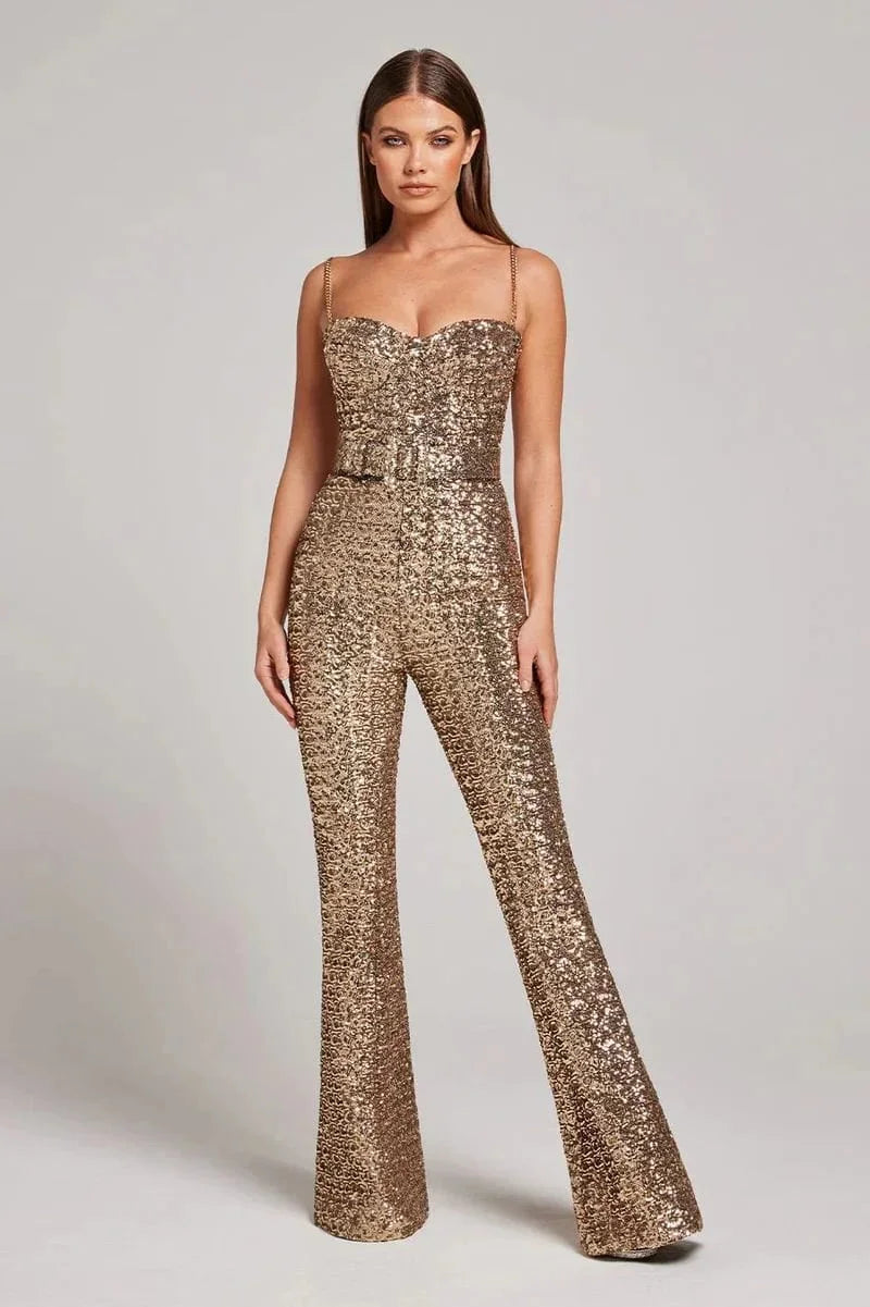 Women's Sparkling Glitter Jumpsuit with Stylish Waist Belt - photo 4