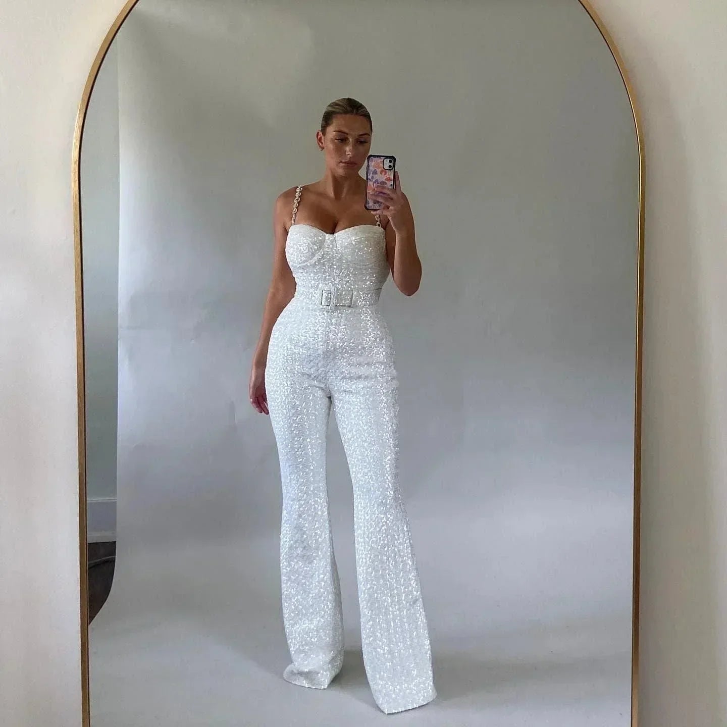Women's Sparkling Glitter Jumpsuit with Stylish Waist Belt - photo 2