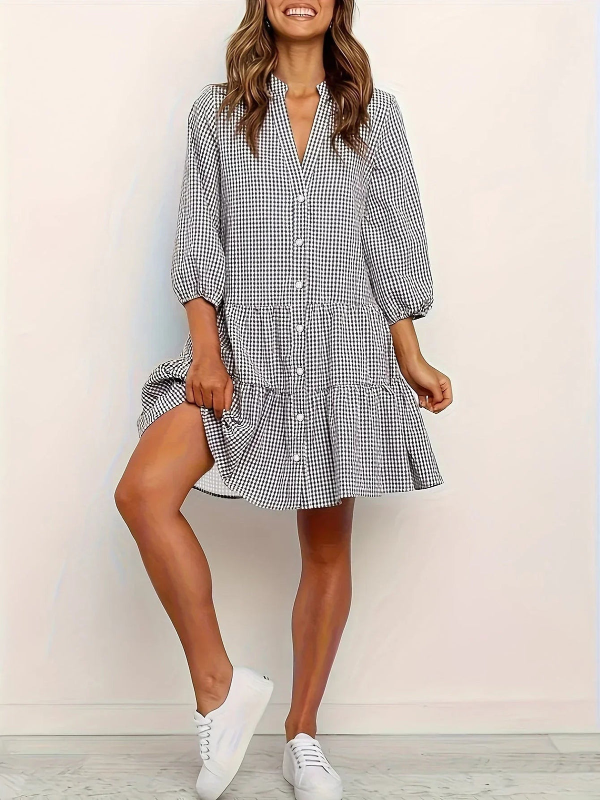Stella - Women's short gingham dress with 3/4 sleeves and buttoned collar - photo 3