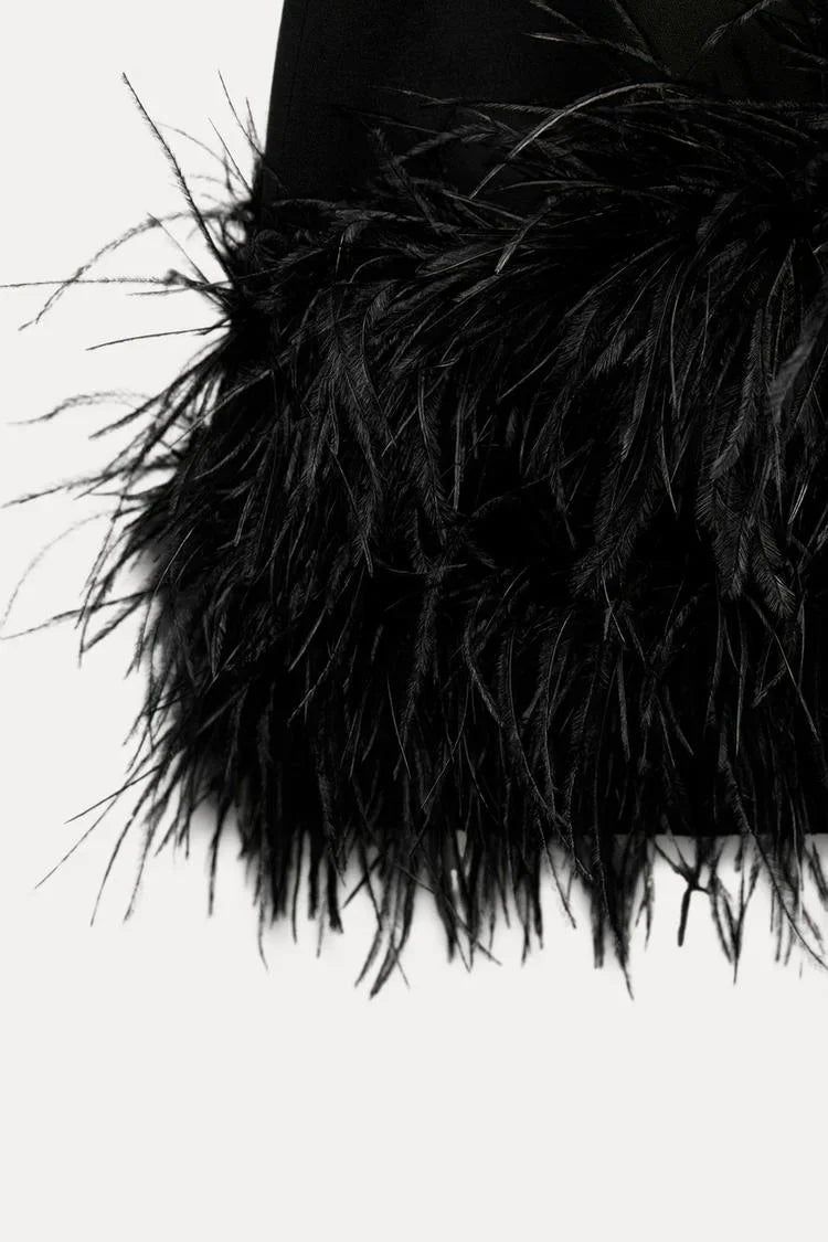 Lucy - Women's short evening dress with feather hem and long sleeves - photo 7
