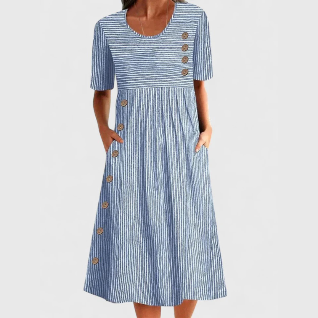 April - Women's Striped Midi Dress with Buttons