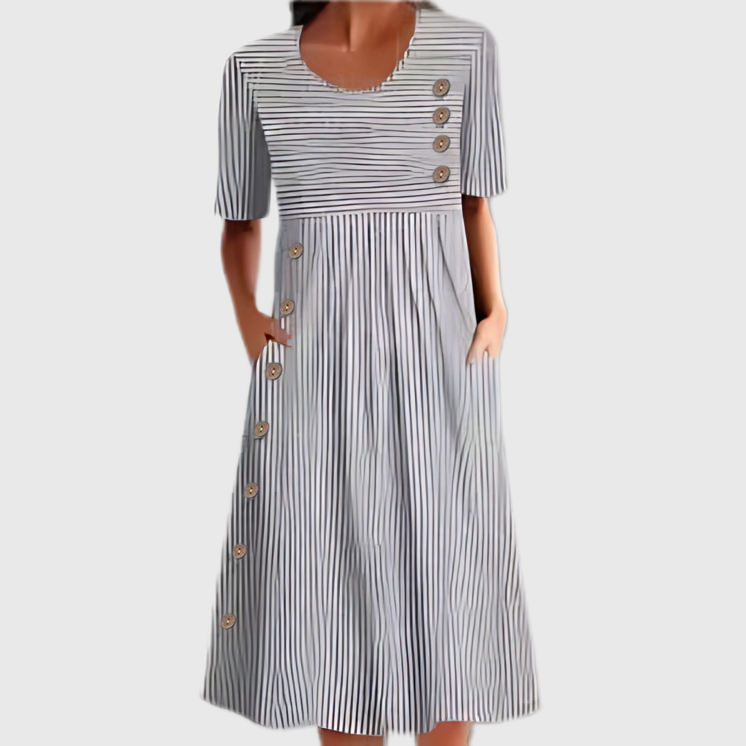 April - Women's Striped Midi Dress with Buttons