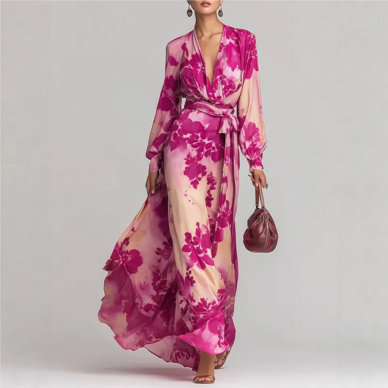 Gabrielle - Women's Belted Maxi Dress with a Deep Neckline