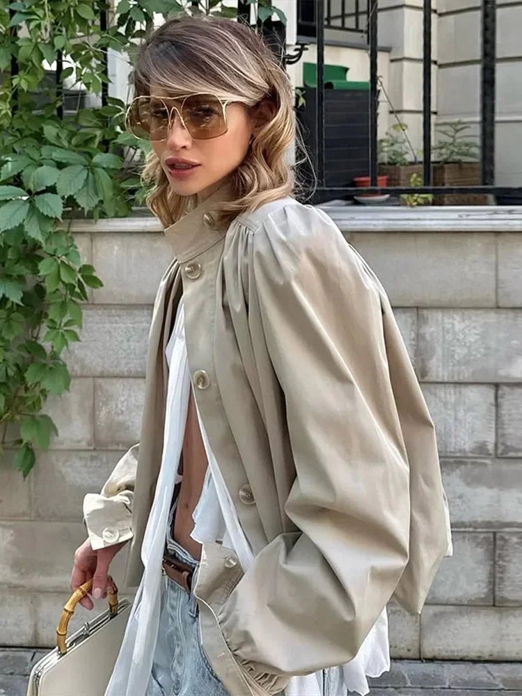 Nerissa - Women's Relaxed Trench Coat with Ruching and Long Sleeves - photo 7