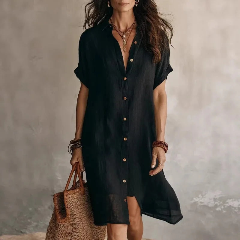 Gaye - Women's Flowing Midi Dress with Short Sleeves