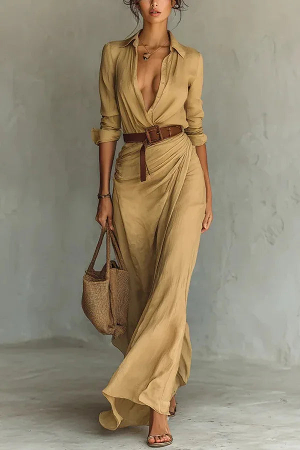 Gerri - Women's Pleated Maxi Dress with a V Neck