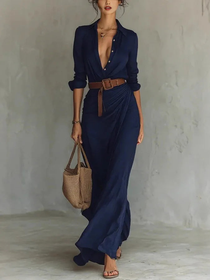 Gerri - Women's Pleated Maxi Dress with a V Neck